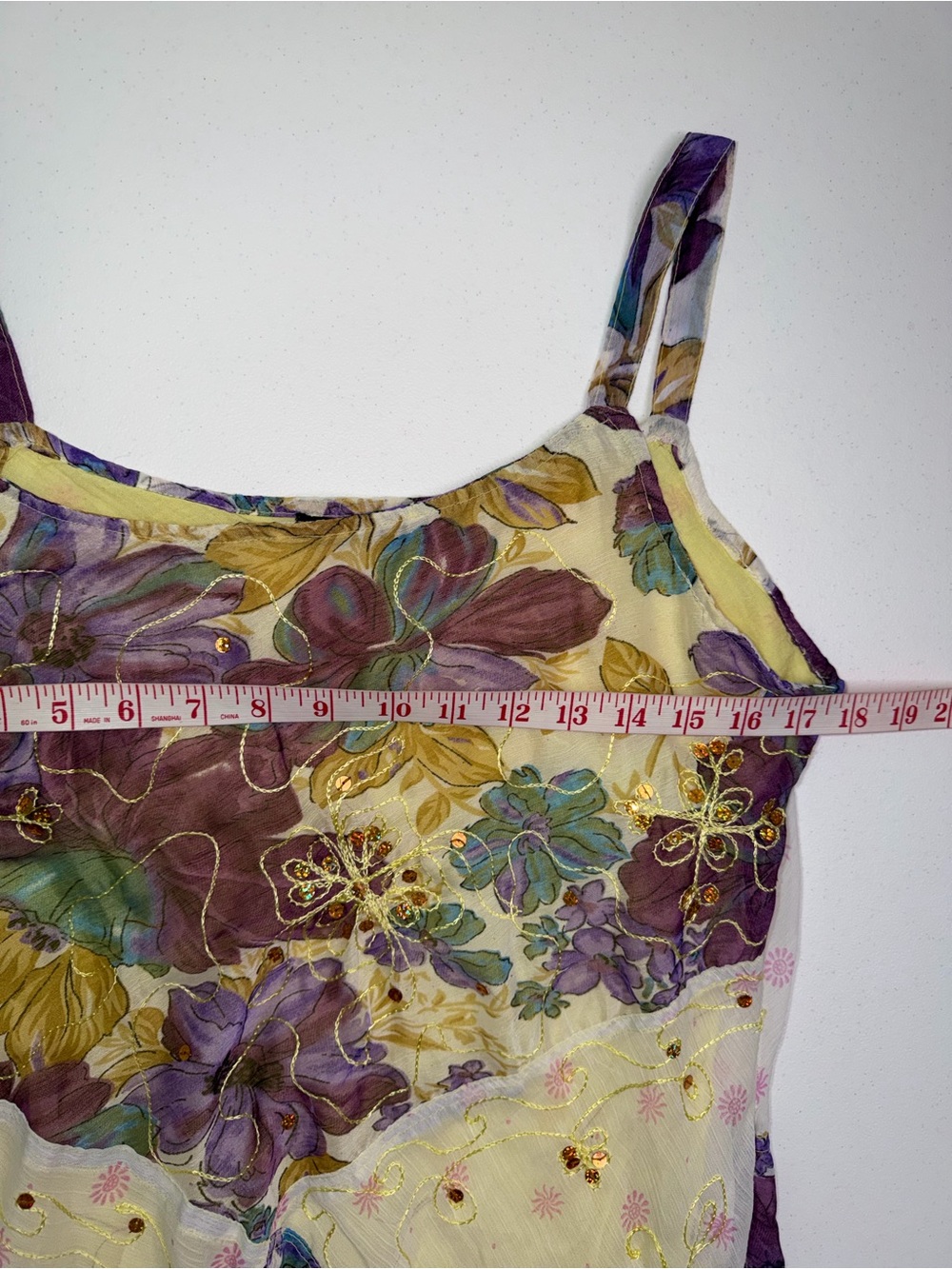 Vintage Sherly Y2K Fairy Dress Floral Chiffon
Handkerchief Hem Gold Embroidery M - Picture 6 of 10